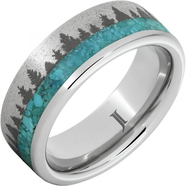 Jewelry Innovations Serinium® Ring with Turquoise Inlay, Pine Forest Engraving and Stone Finish at Màti Jewelers Albuquerque