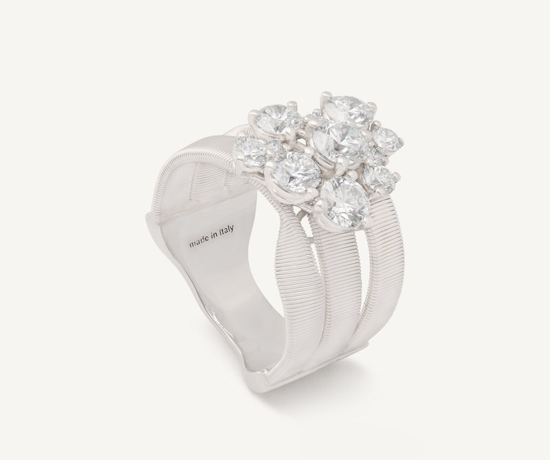 Marco Bicego 18K White Gold Three Row Ring with Diamond Cluster at Màti Jewelers Albuquerque