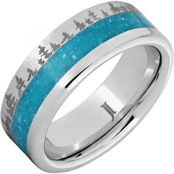 Jewelry Innovations Serinium® Ring with Crushed Turquoise Inlay, Pine Forest Engraving and Stone Finish at Màti Jewelers Albuquerque