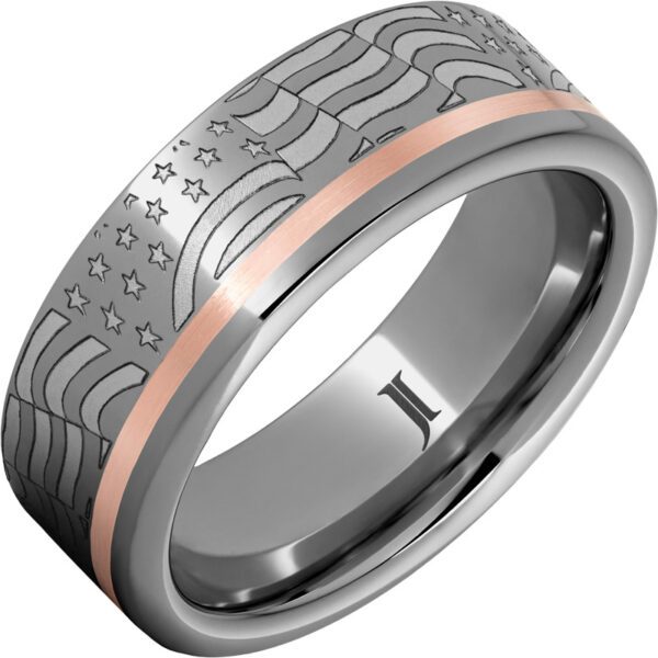 Old Glory – Rugged Tungsten™ American Flag Ring with 14K Gold Inlay, style RMWA007937