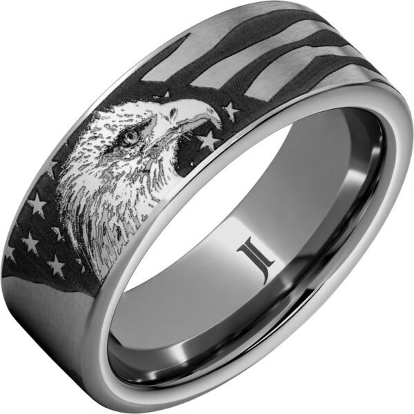 The American Eagle – Rugged Tungsten™ Ring With Bald Eagle and American Flag Engraving, style RMWA007929