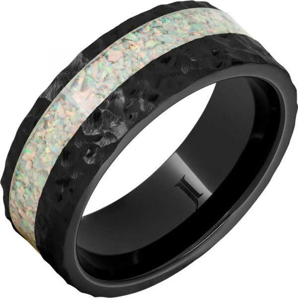 Jewelry Innovations Black Diamond Ceramic™ Opal Inlay Ring with Hand Carved Surface at Màti Jewelers Albuquerque