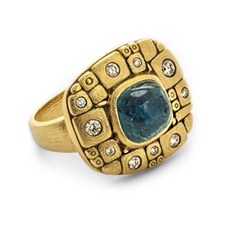 Alex Sepkus R-181 — 18k gold, diamond and blue tourmaline "Mosaic" ring (asymmetrical cushion center stone)