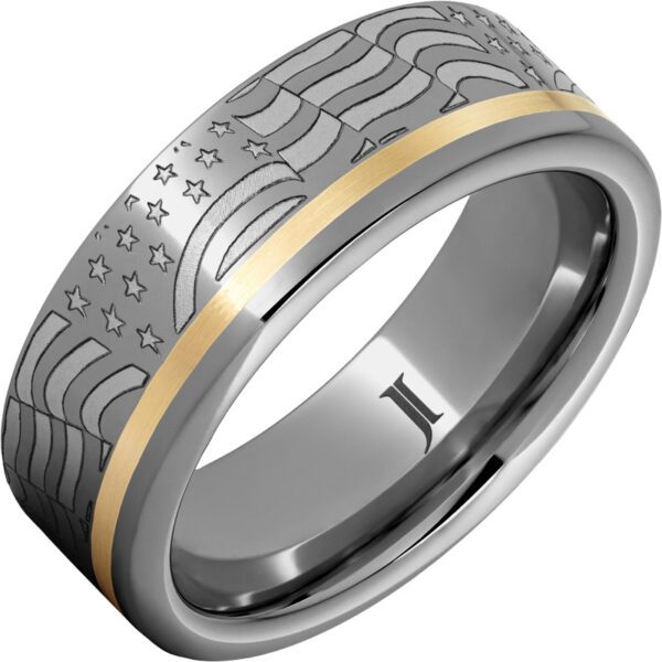 Old Glory – Rugged Tungsten™ American Flag Ring with 14K Gold Inlay, style RMWA007936