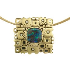 Alex Sepkus M-23 — 18k gold, silver, diamond and opal pendant (29mm x26.5mm)