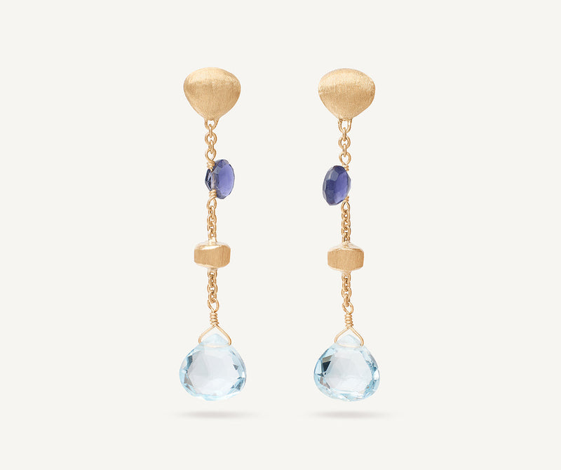 18K Yellow Gold Topaz and Iolite Earrings, 1.58"