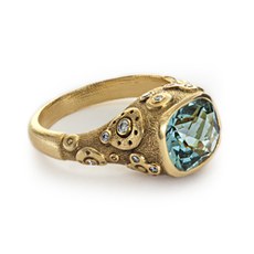 Alex Sepkus R-167 — 18k gold, diamond and sea-green tourmaline "Submarine" ring (cushion center stone 9.5x8.5mm)