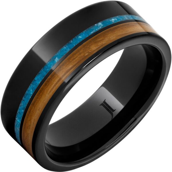 Jewelry Innovations Barrel Aged™ Black Diamond Ceramic™ Ring with Cognac Wood and Turquoise Inlays at Màti Jewelers Albuquerque