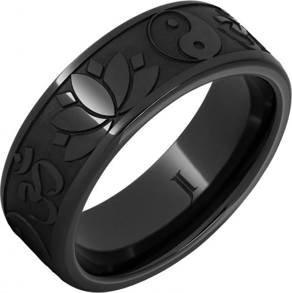Jewelry Innovations Black Diamond Ceramic™ Ring with Buddhist Symbols at Màti Jewelers Albuquerque