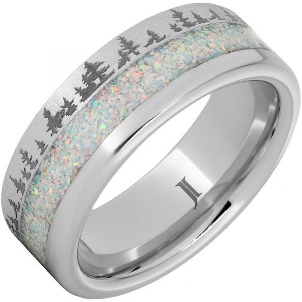 Jewelry Innovations Serinium® Ring with Crushed Opal Inlay, Pine Forest Engraving and Stone Finish at Màti Jewelers Albuquerque