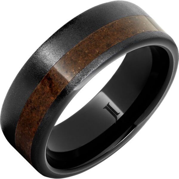 Jewelry Innovations Black Diamond Ceramic™ Ring with Crimson Fossil Dinosaur Bone Inlay at Màti Jewelers Albuquerque