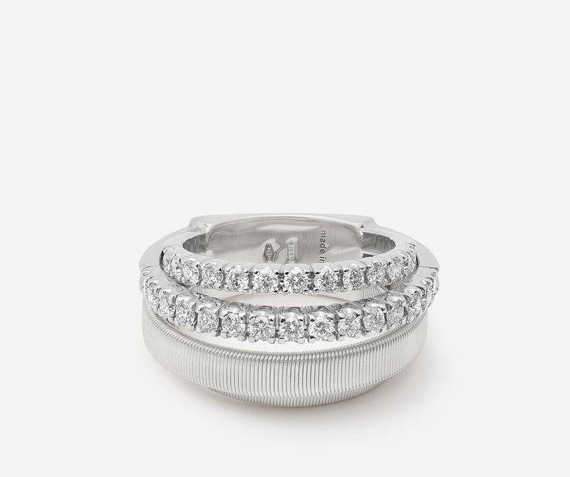 Marco Bicego 18K White Gold Four Row Coil Ring with Two Diamond Bands at Màti Jewelers Albuquerque