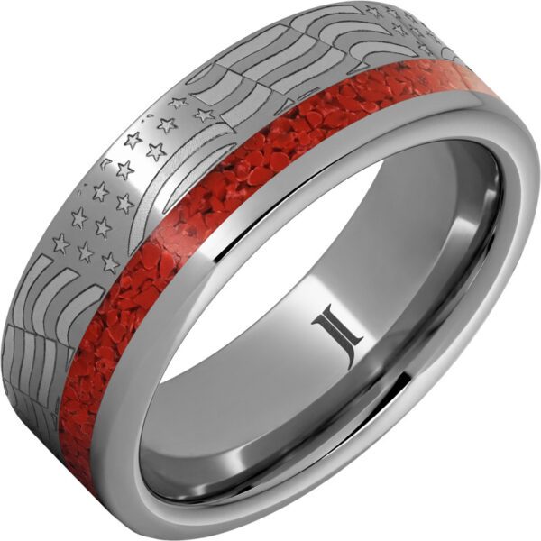 Old Glory – Coral Inlay Rugged Tungsten™ Ring, style RMWA007910