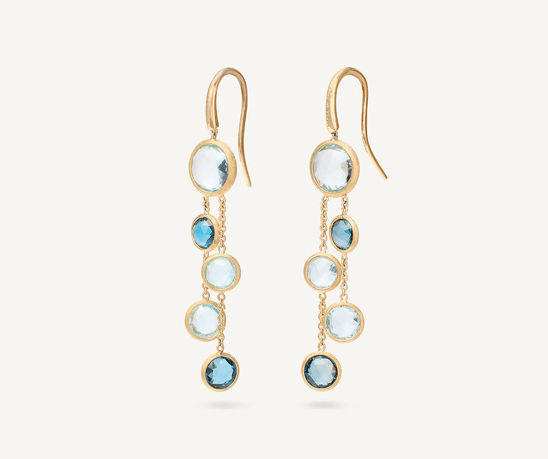 18K Yellow Gold Blue Topaz Two Strand Earrings, 1.8"
