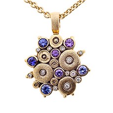 Alex Sepkus M-164S — 18k yellow gold "Ocean" pendant with diamonds and blue, purple and violet sapphires