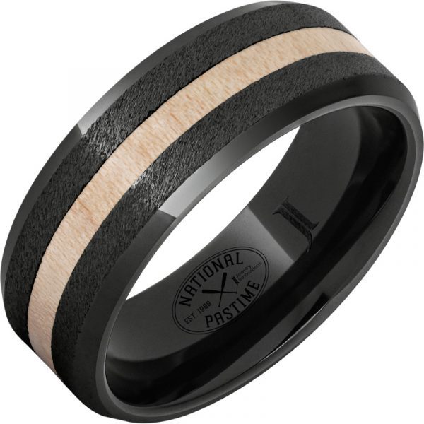 Jewelry Innovations National Pastime Collection™ Black Diamond Ceramic™ Ring with Maple Vintage Baseball Bat Wood Inlay and Grain Finish at Màti Jewelers Albuquerque