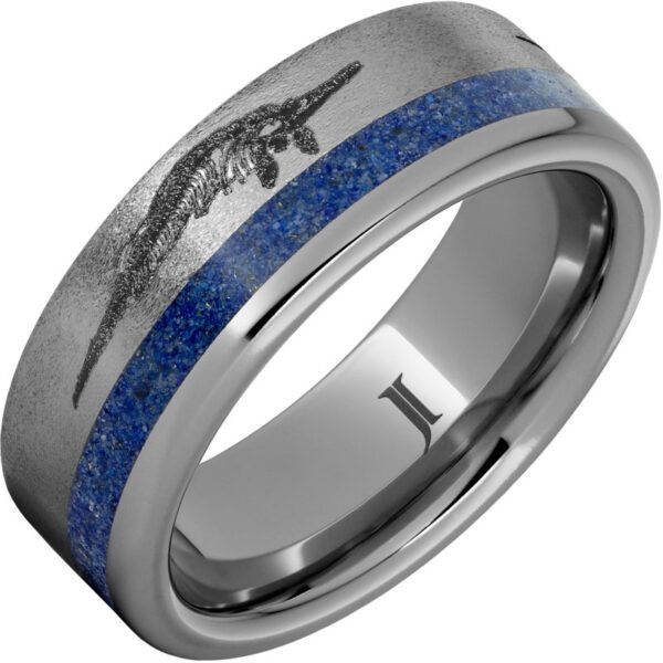 Jewelry Innovations Monsters Of The Deep – Rugged Tungsten™ Ring with Lapis Inlay and Prehistoric Sea Predators Engraving at Màti Jewelers Albuquerque