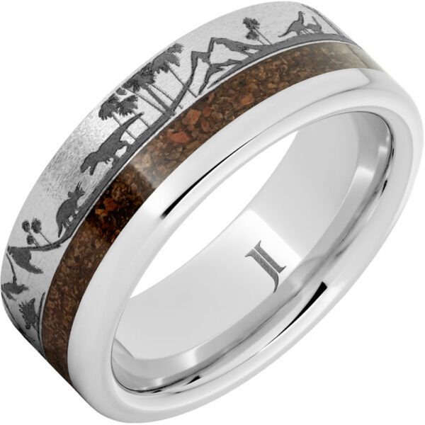 Jewelry Innovations Serinium® Ring with Dinosaur Bone Inlay and Dinosaur Landscape Engraving at Màti Jewelers Albuquerque