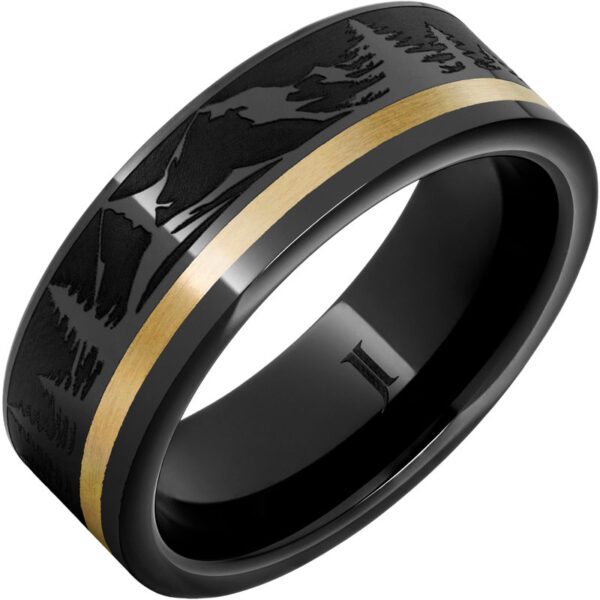 Jewelry Innovations Black Diamond Ceramic™ Ring With 14K Gold Inlay and Mountain Pine Forest Engraving at Màti Jewelers Albuquerque