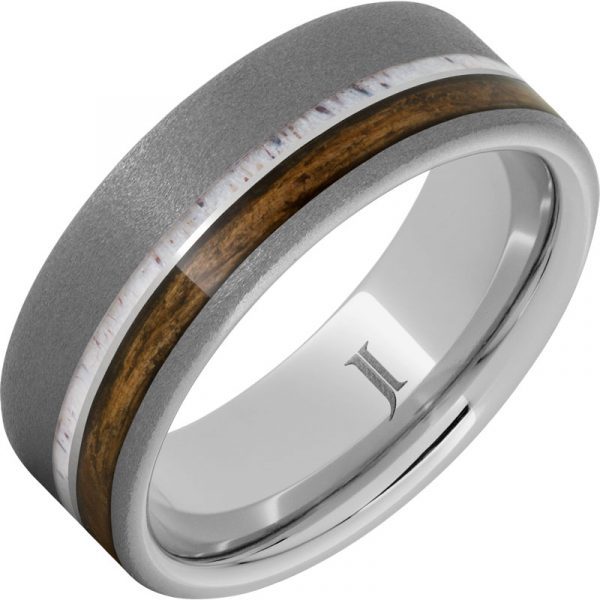 Jewelry Innovations Barrel Aged™ Serinium® Ring with Antler and Bourbon Wood Inlays and Sandblast Finish at Màti Jewelers Albuquerque