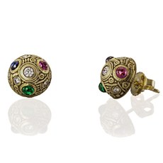Alex Sepkus E-29 — 18k gold, cabochon sapphire, cabochon ruby, cabochon emerald and diamond "Half Dome" stud earrings (9mm round)